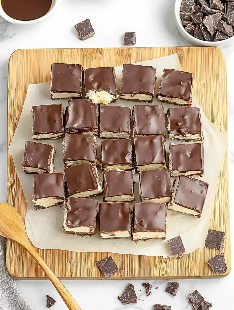 A wooden serving board displays neatly cut squares of chocolate-covered dessert, with some pieces on the side and a bowl of chocolate chunks in the background.