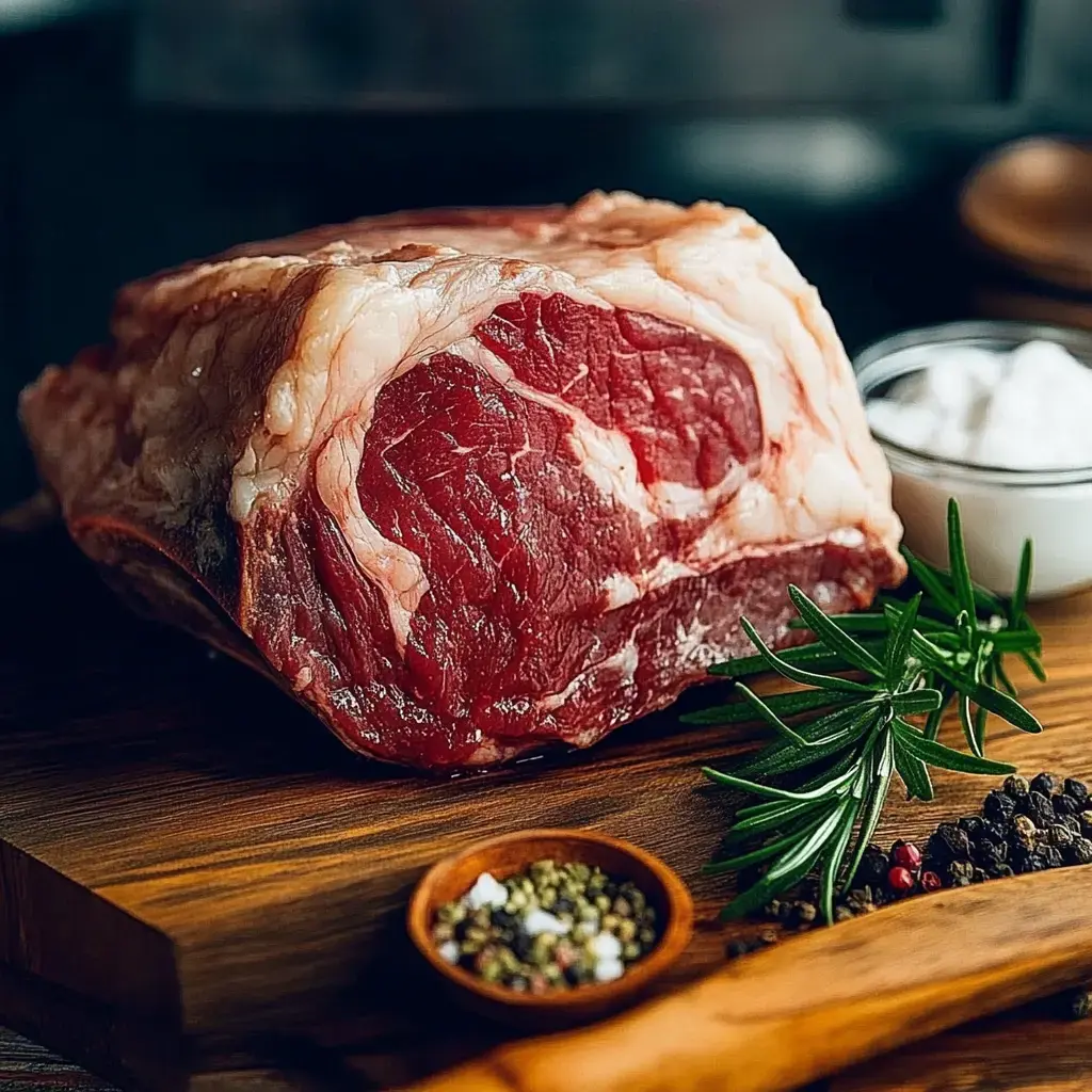 A raw piece of marbled beef rests on a wooden cutting board, accompanied by spices, a small bowl of salt, and fresh rosemary.