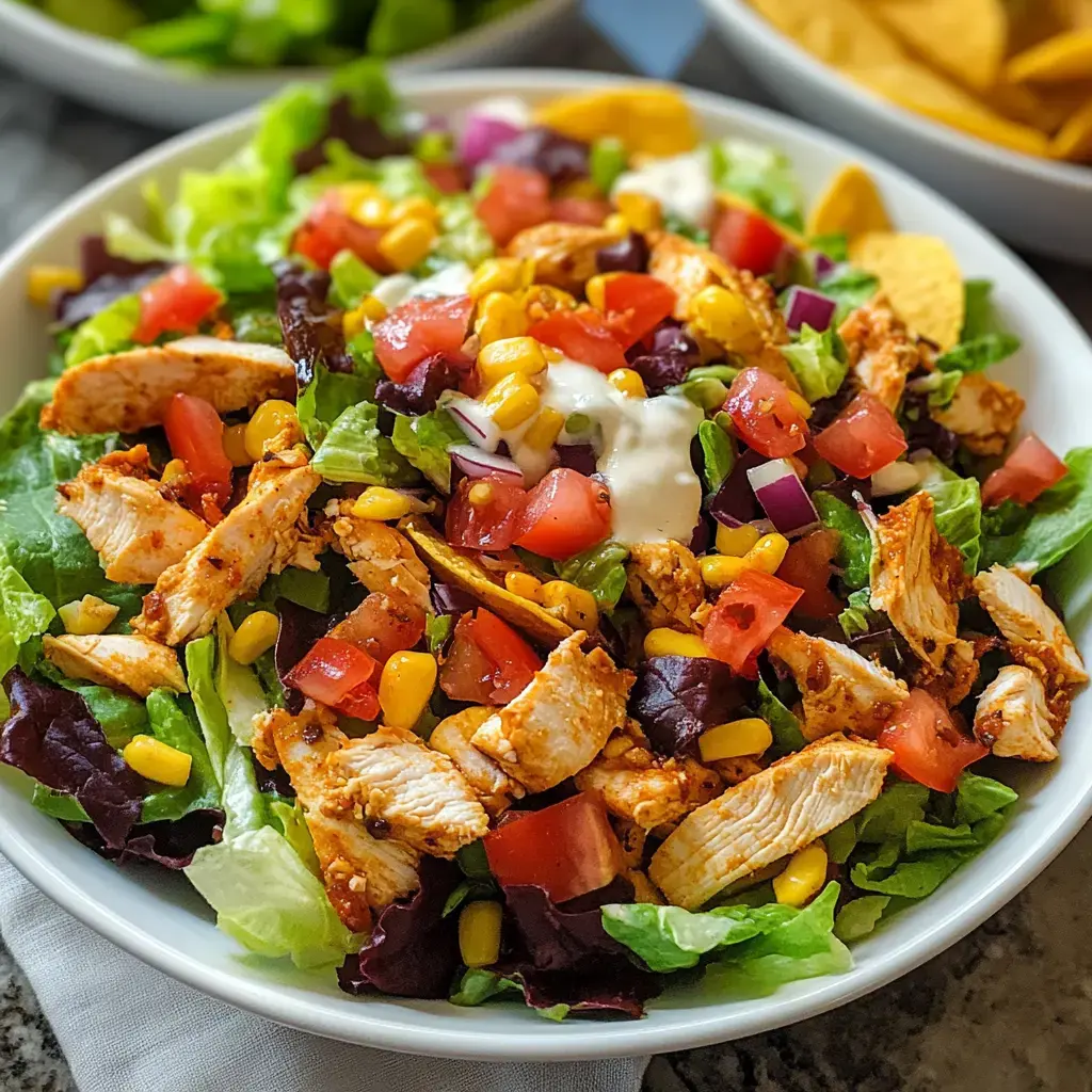 A colorful salad featuring shredded grilled chicken, lettuce, diced tomatoes, corn, red onion, and a drizzle of dressing, with tortilla chips in the background.