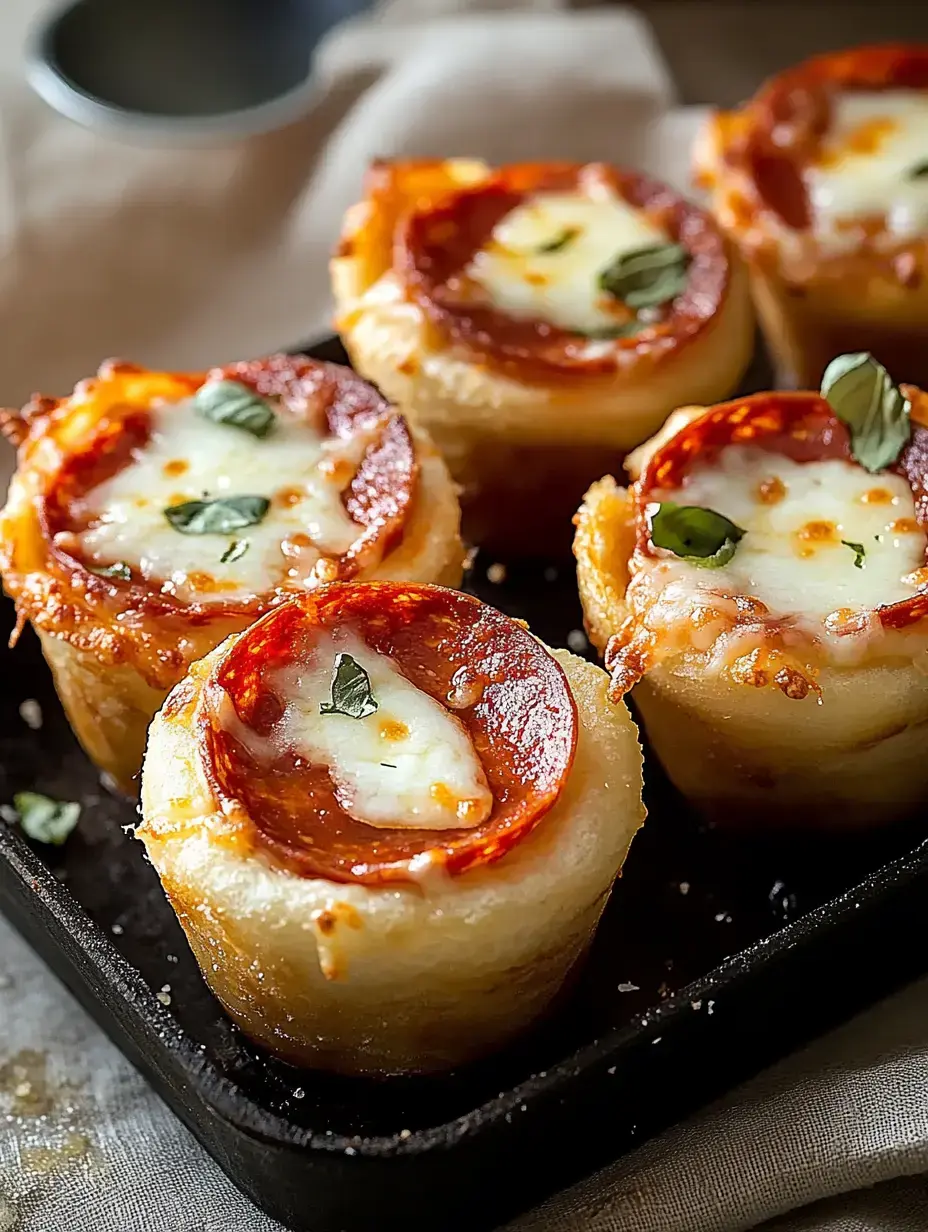 A close-up of baked pepperoni and cheese cups garnished with herbs, displayed in a black skillet.