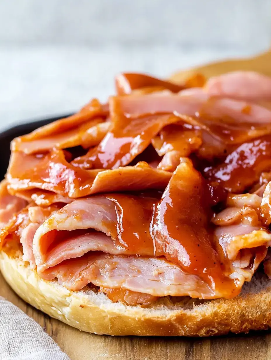 A close-up of a sandwich topped with layers of sliced ham drizzled with barbecue sauce on a soft bread roll.