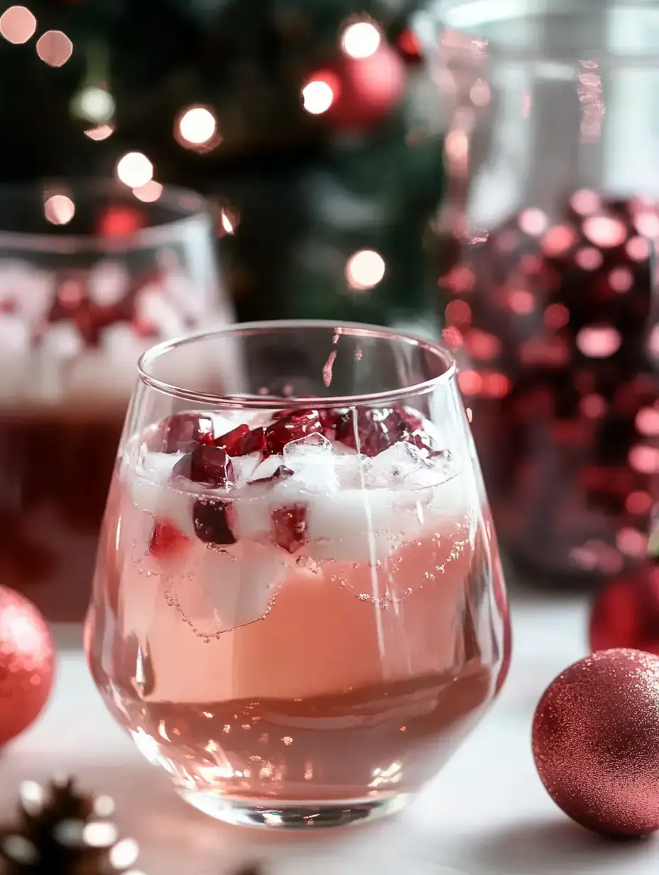 A festive glass of pink drink with ice and pomegranate seeds sits on a table adorned with red ornaments and sparkling lights in the background.