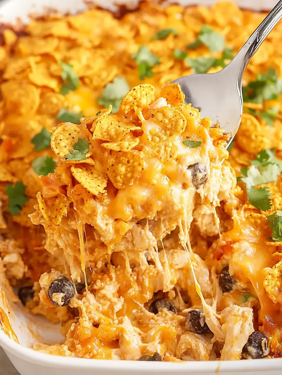 A close-up of a cheesy, baked chicken casserole topped with crunchy corn chips and garnished with fresh cilantro.