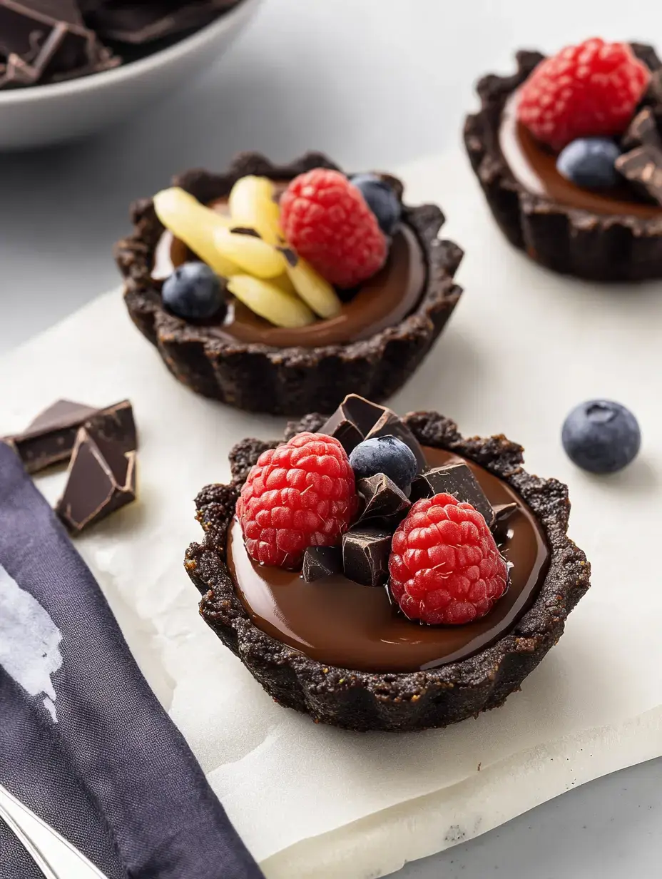 Three chocolate tartlets topped with raspberries, blueberries, and yellow fruit slices are displayed on a marble surface.