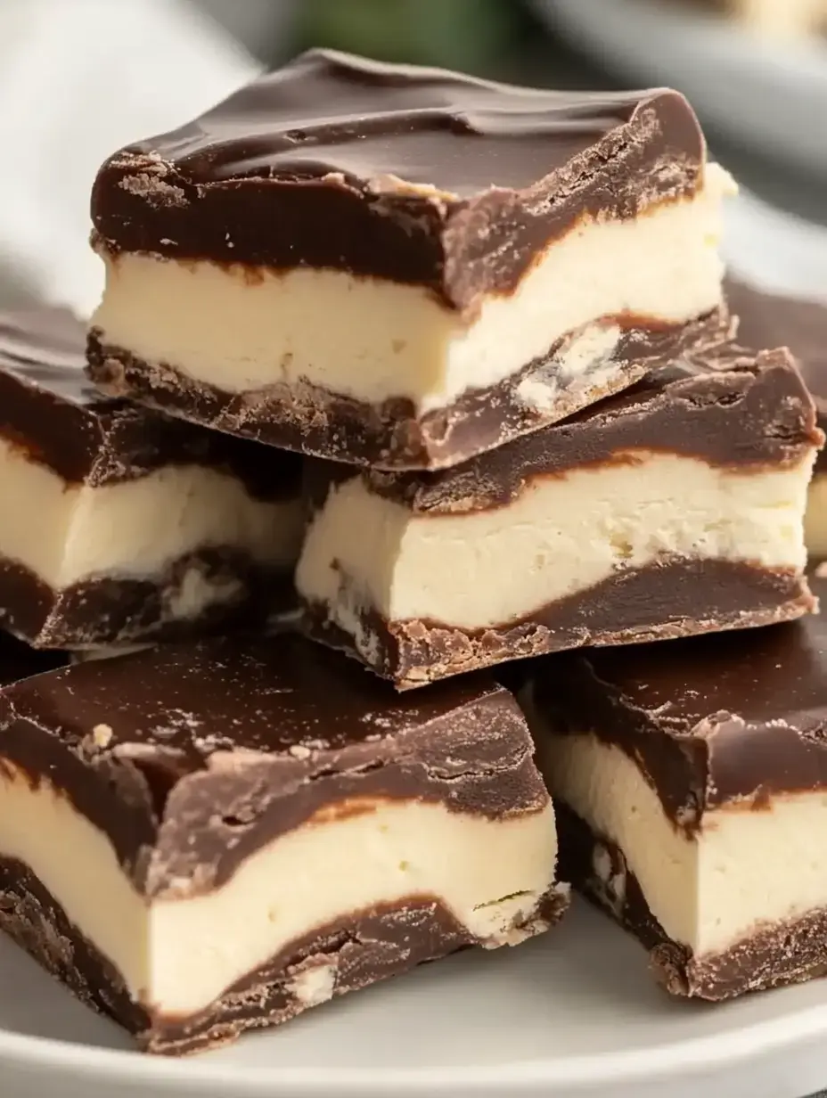 A stack of chocolate-covered layered fudge bars with creamy white filling and a shiny chocolate topping.