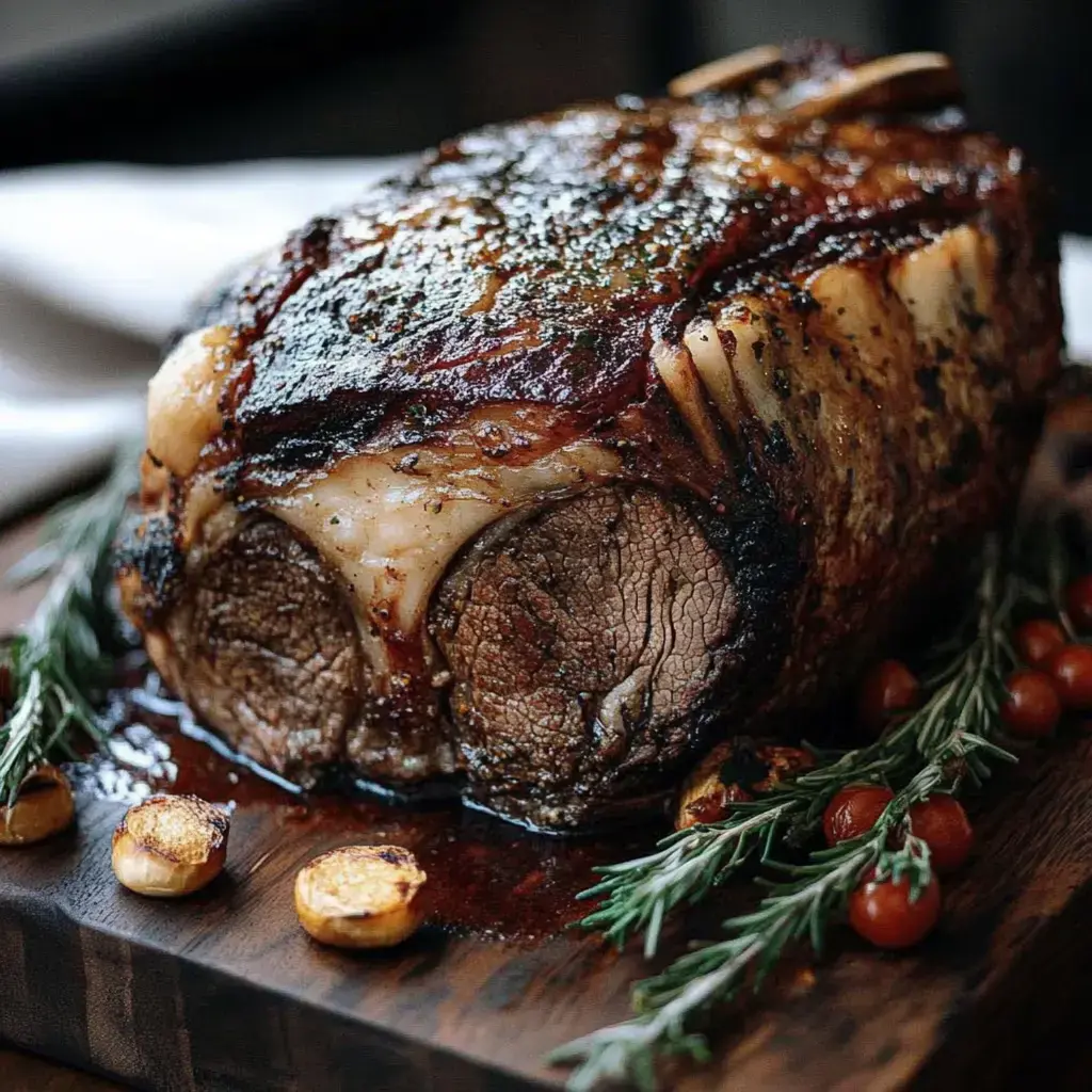 A beautifully roasted piece of meat garnished with rosemary and cherry tomatoes, resting on a wooden cutting board.