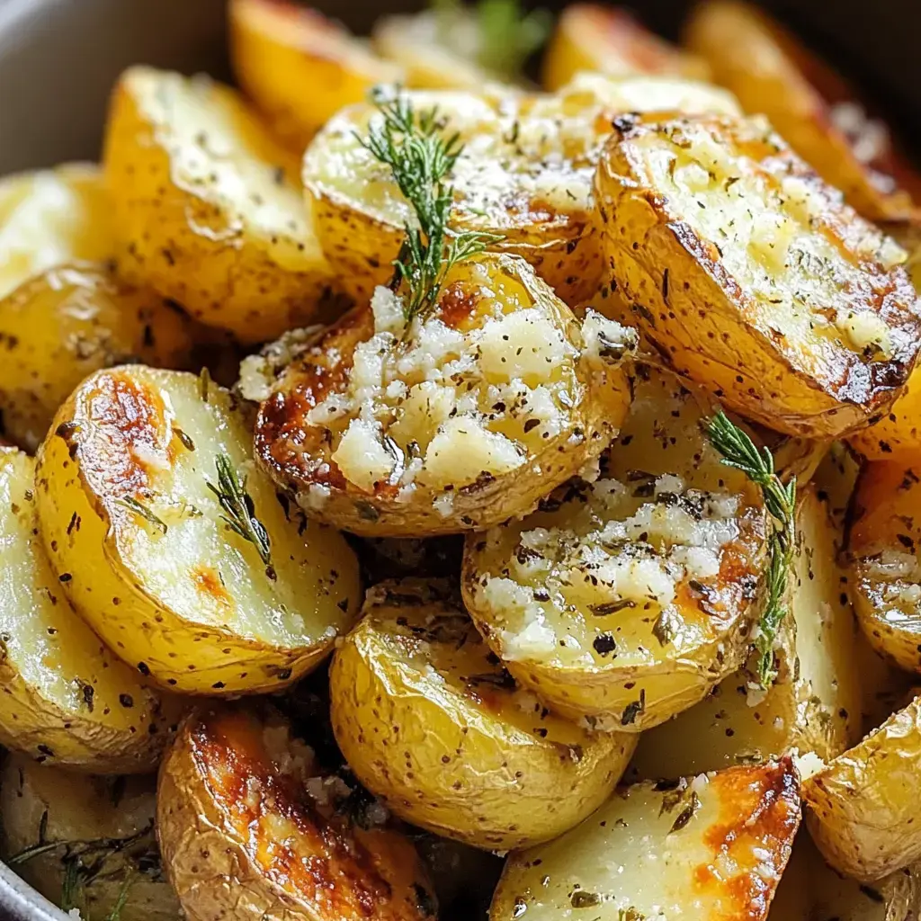 A close-up of roasted golden potatoes garnished with herbs and a sprinkle of cheese.