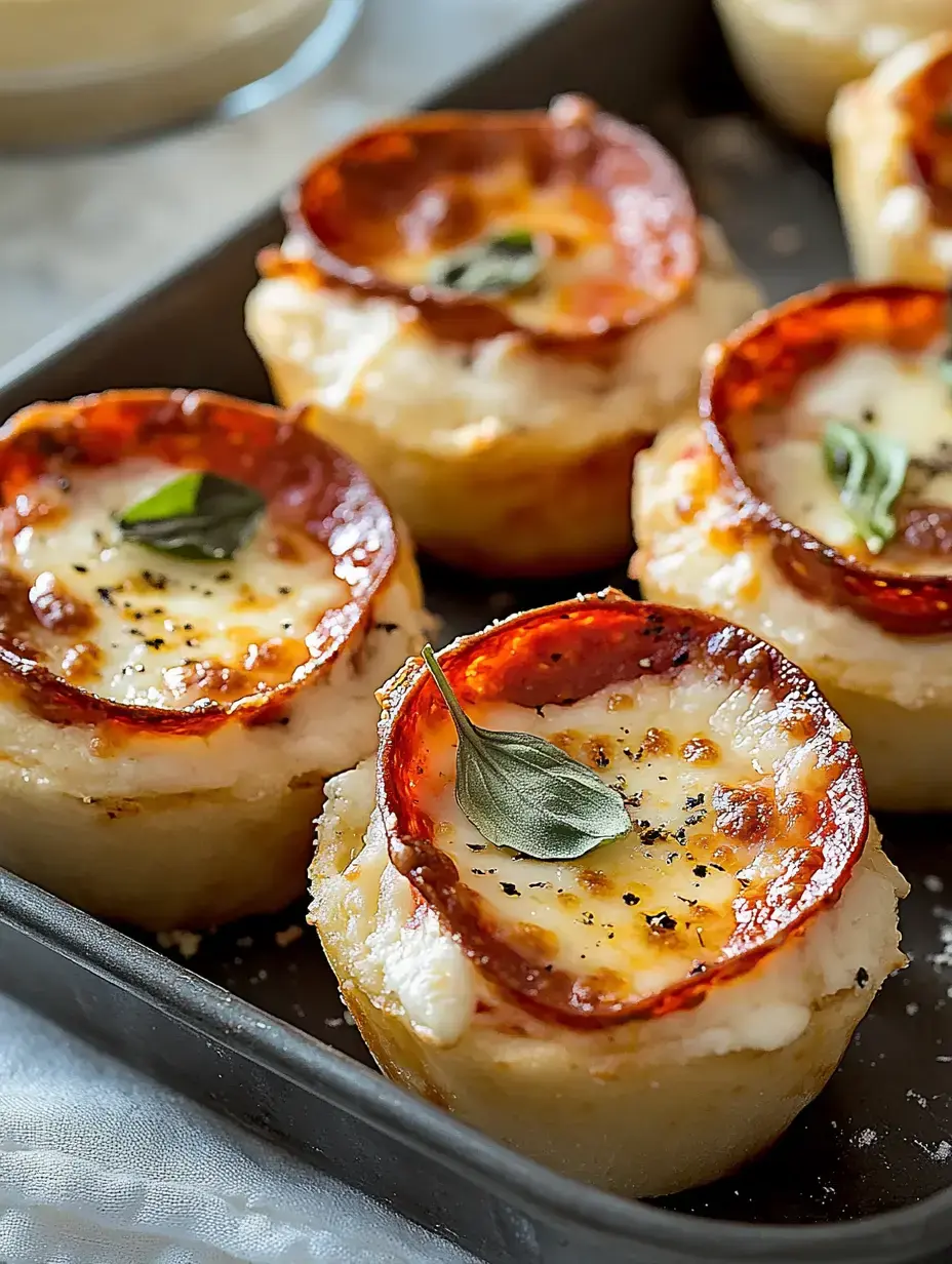 A close-up of mini potato cups topped with melted cheese, slices of pepperoni, and a garnish of green leaves on a baking tray.