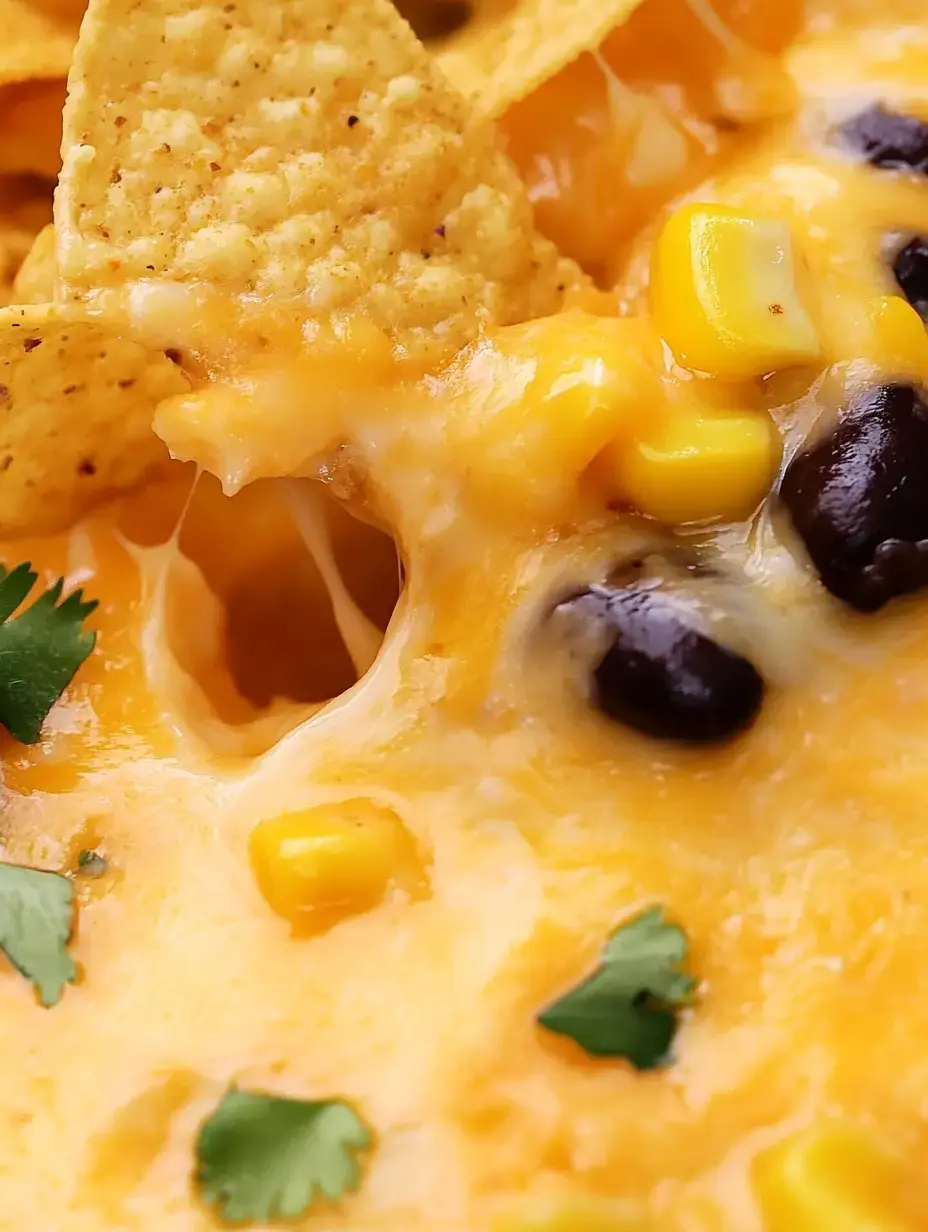 A close-up image of cheesy nachos topped with corn, black beans, and cilantro.