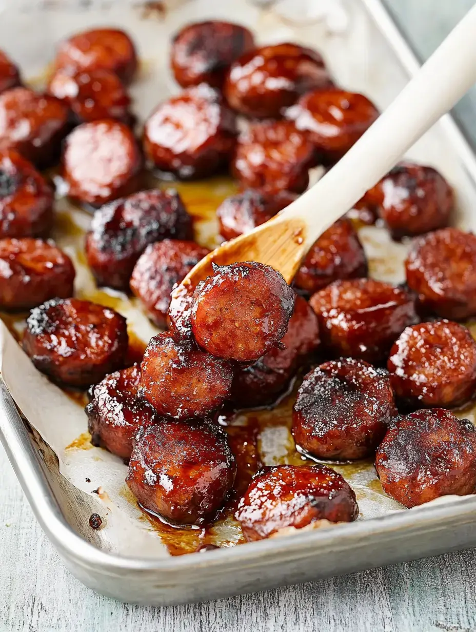 A tray of glazed, sliced sausages coated in a shiny sauce, with a wooden spoon lifting one piece.