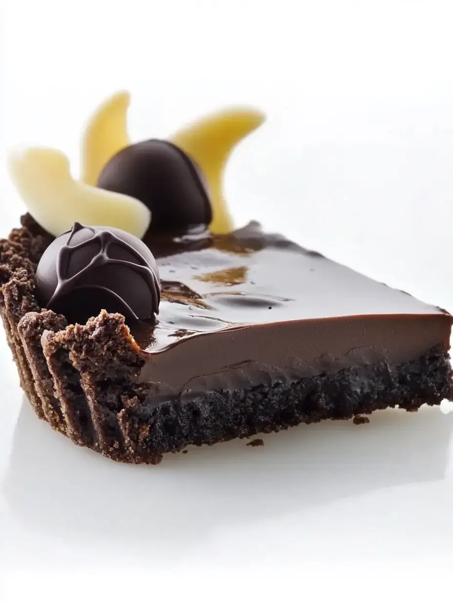 A slice of chocolate tart garnished with dark chocolate and white chocolate decorations.