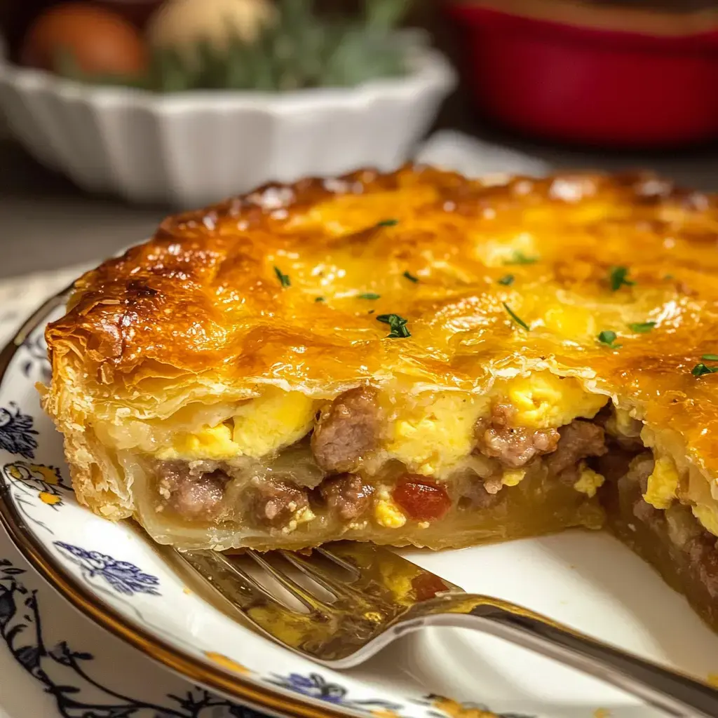 A slice of golden-brown savory pie made with layers of flaky crust, filled with minced meat and scrambled eggs, is shown on a decorative plate with a fork beside it.