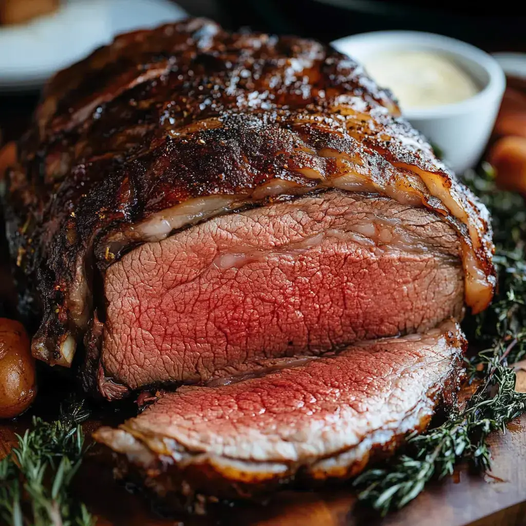 A perfectly roasted beef ribeye with a crispy crust and a juicy pink interior, accompanied by herbs and a small dish of sauce.