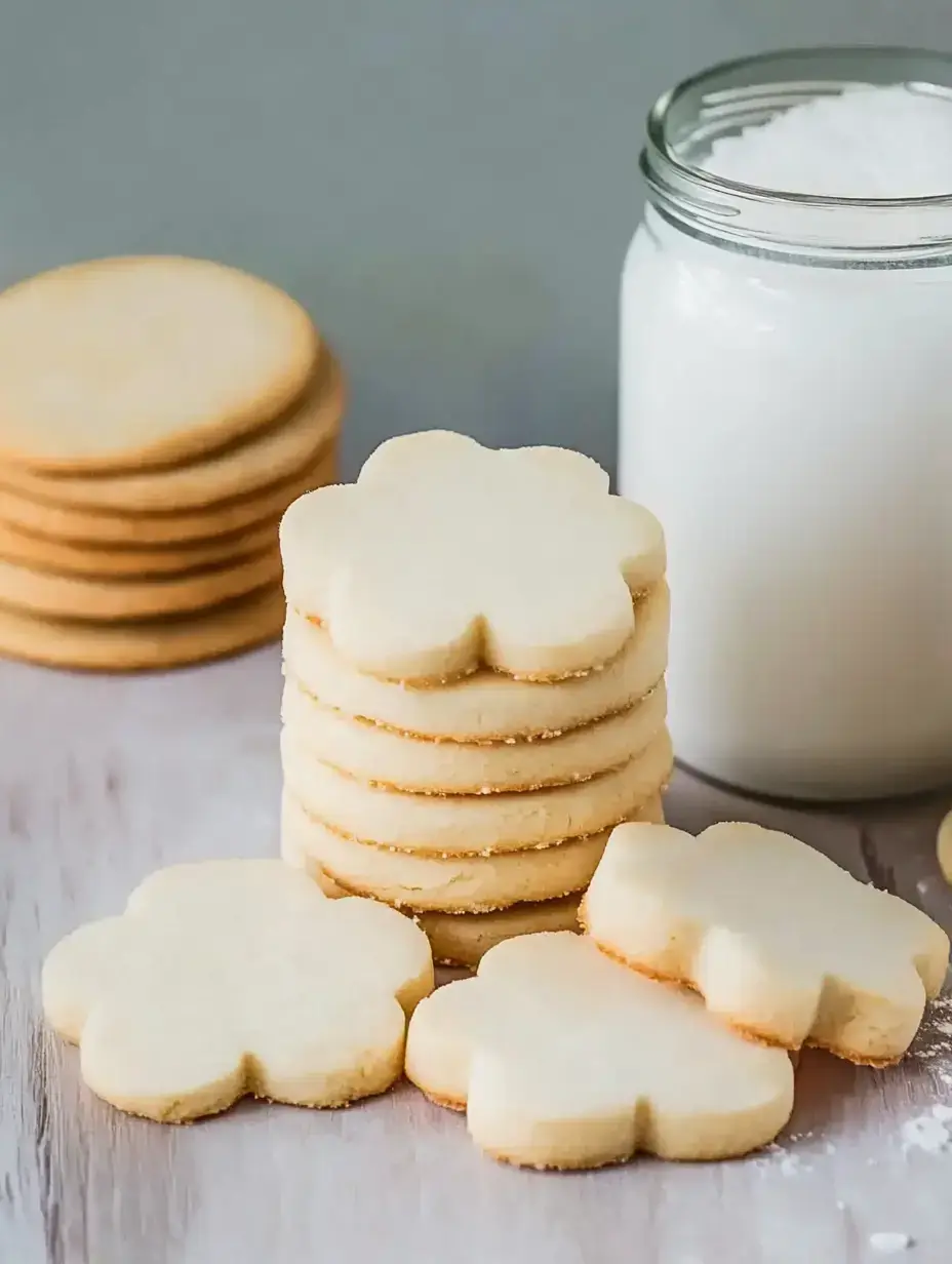 A stack of flower-shaped cookies sits next to a jar of milk on a wooden surface.