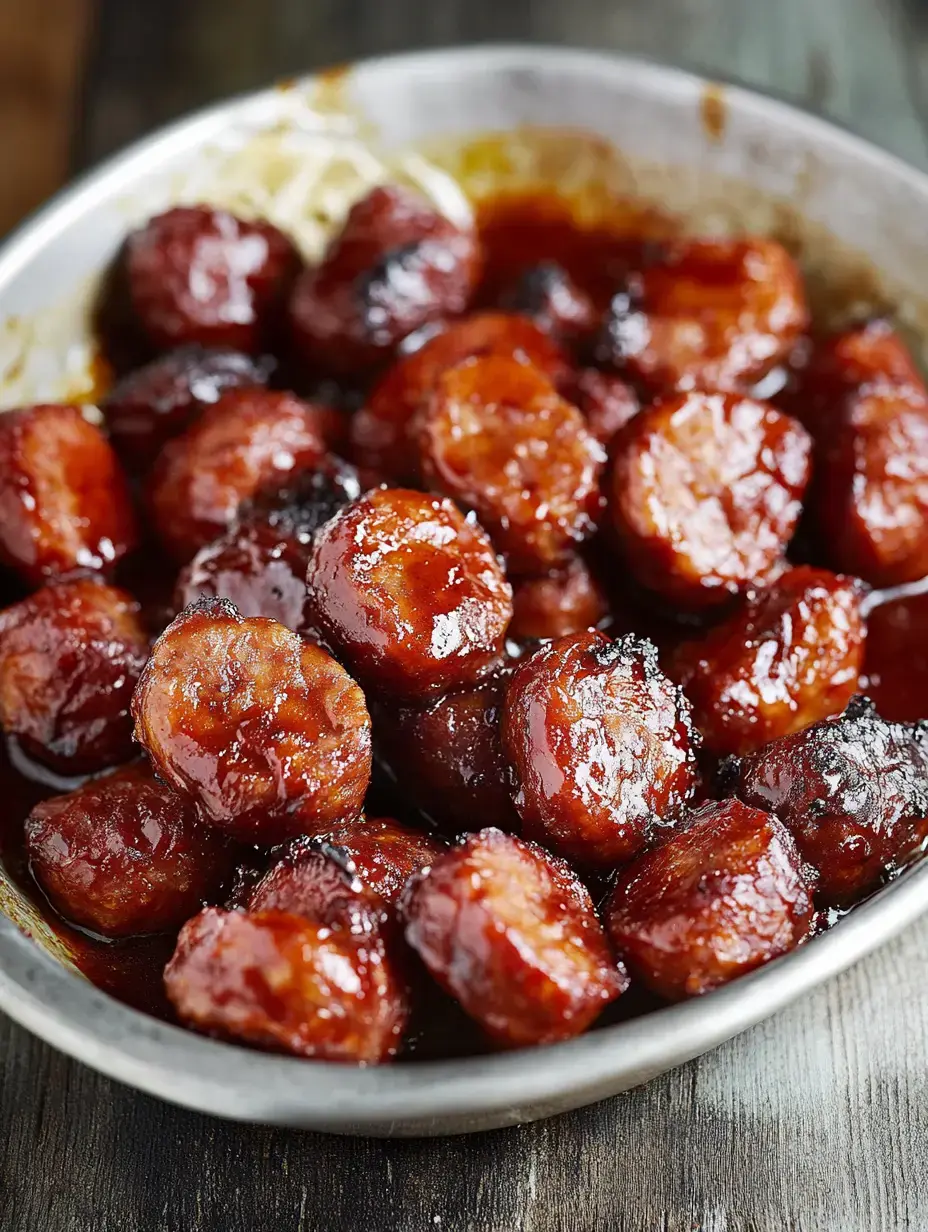 A metal dish filled with shiny, caramelized sliced sausages.