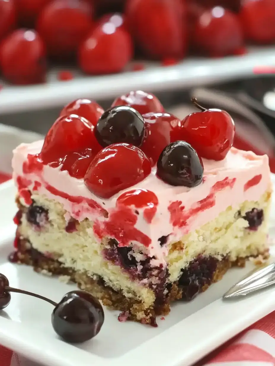 A slice of creamy cherry dessert topped with vibrant red cherries is served on a white plate.