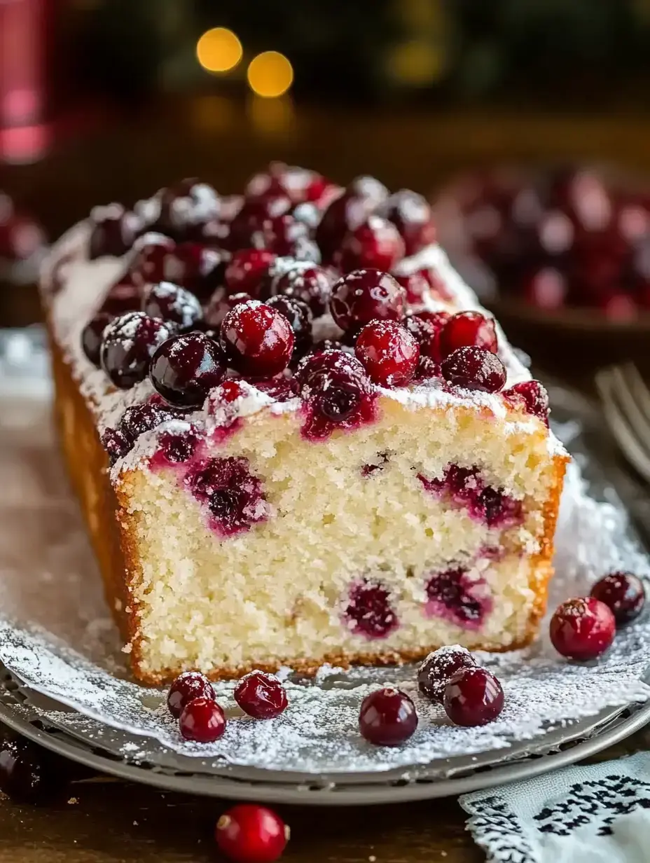 A freshly baked loaf cake topped with powdered sugar and scattered cranberries, with a slice revealing its moist interior.