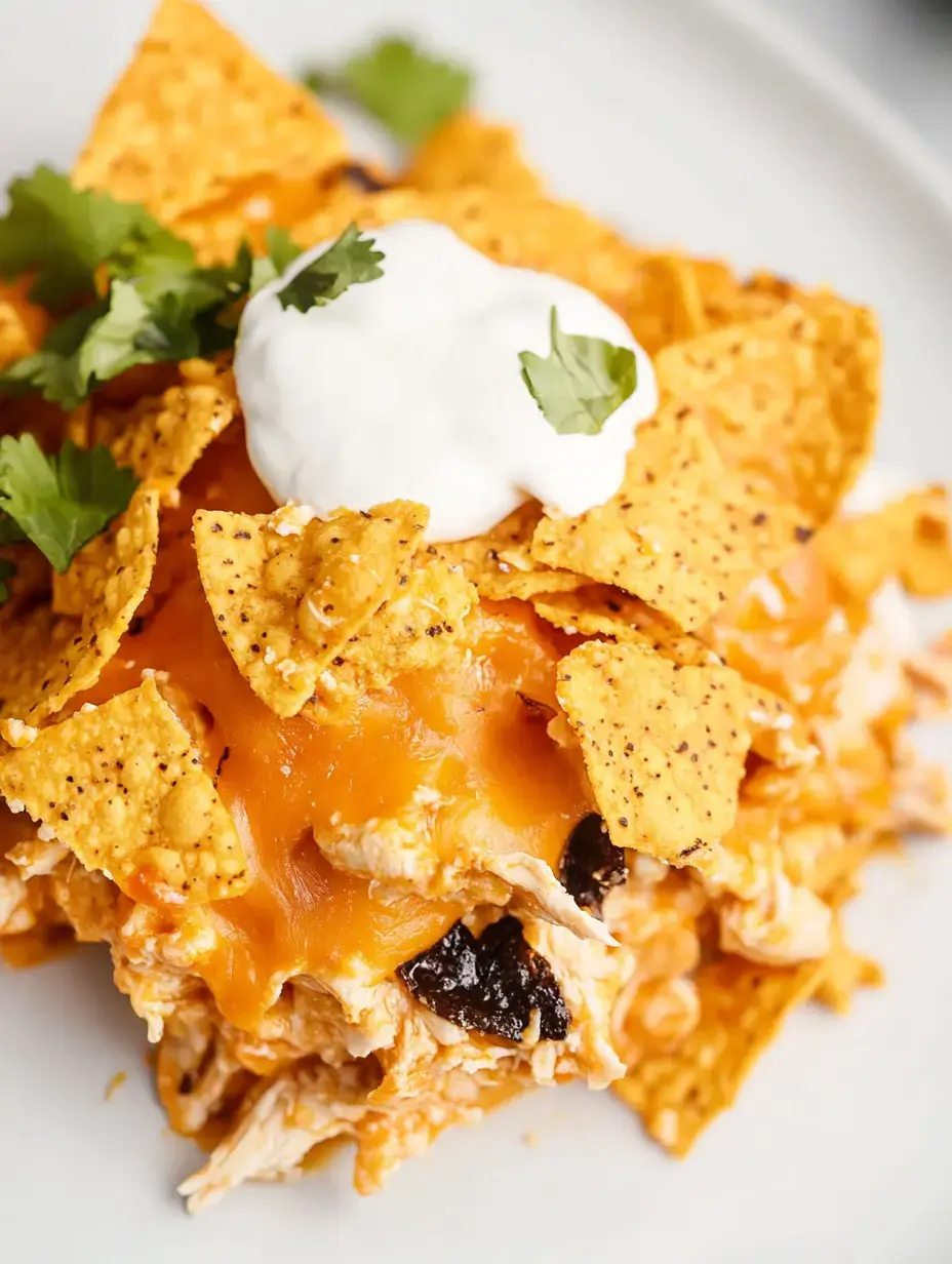 A close-up of a cheesy chicken casserole topped with tortilla chips, sour cream, and cilantro on a white plate.