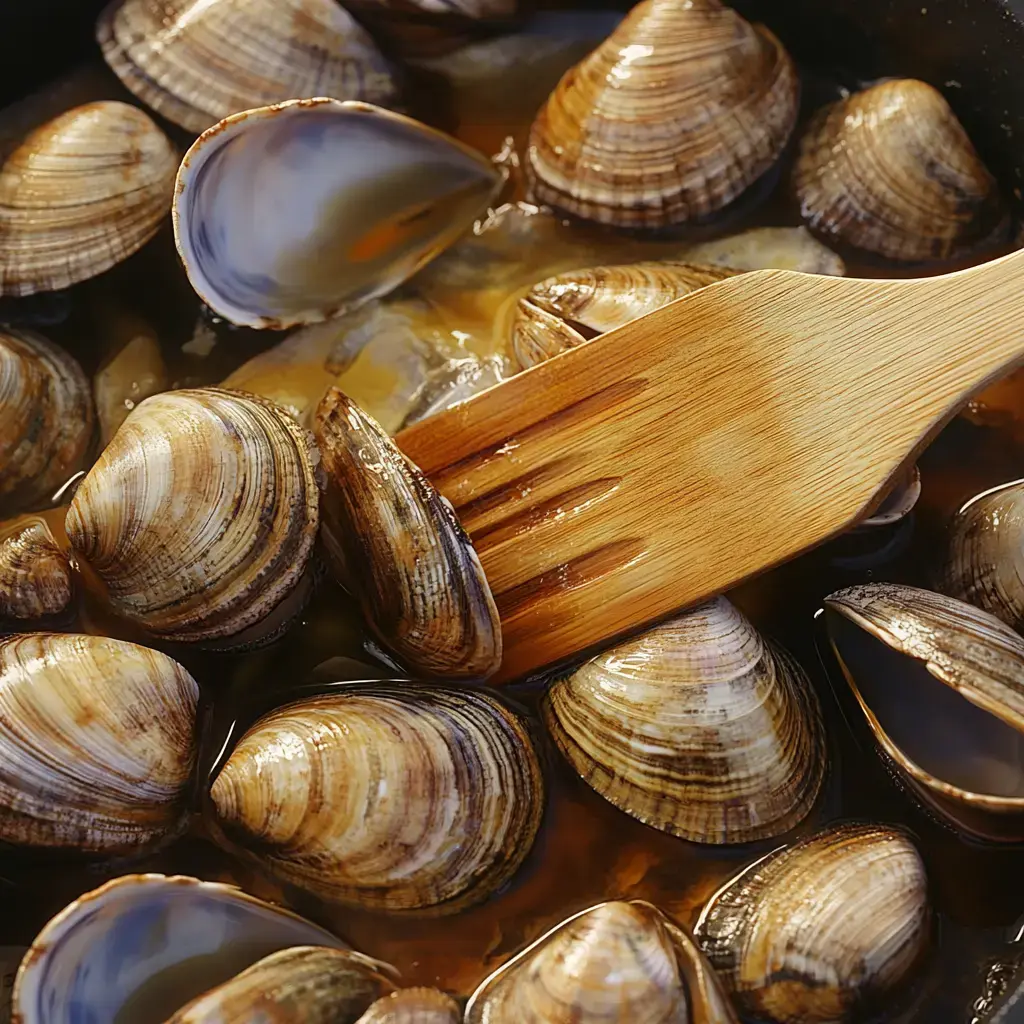 A wooden spatula is stirring a pot of clams in a flavorful broth.