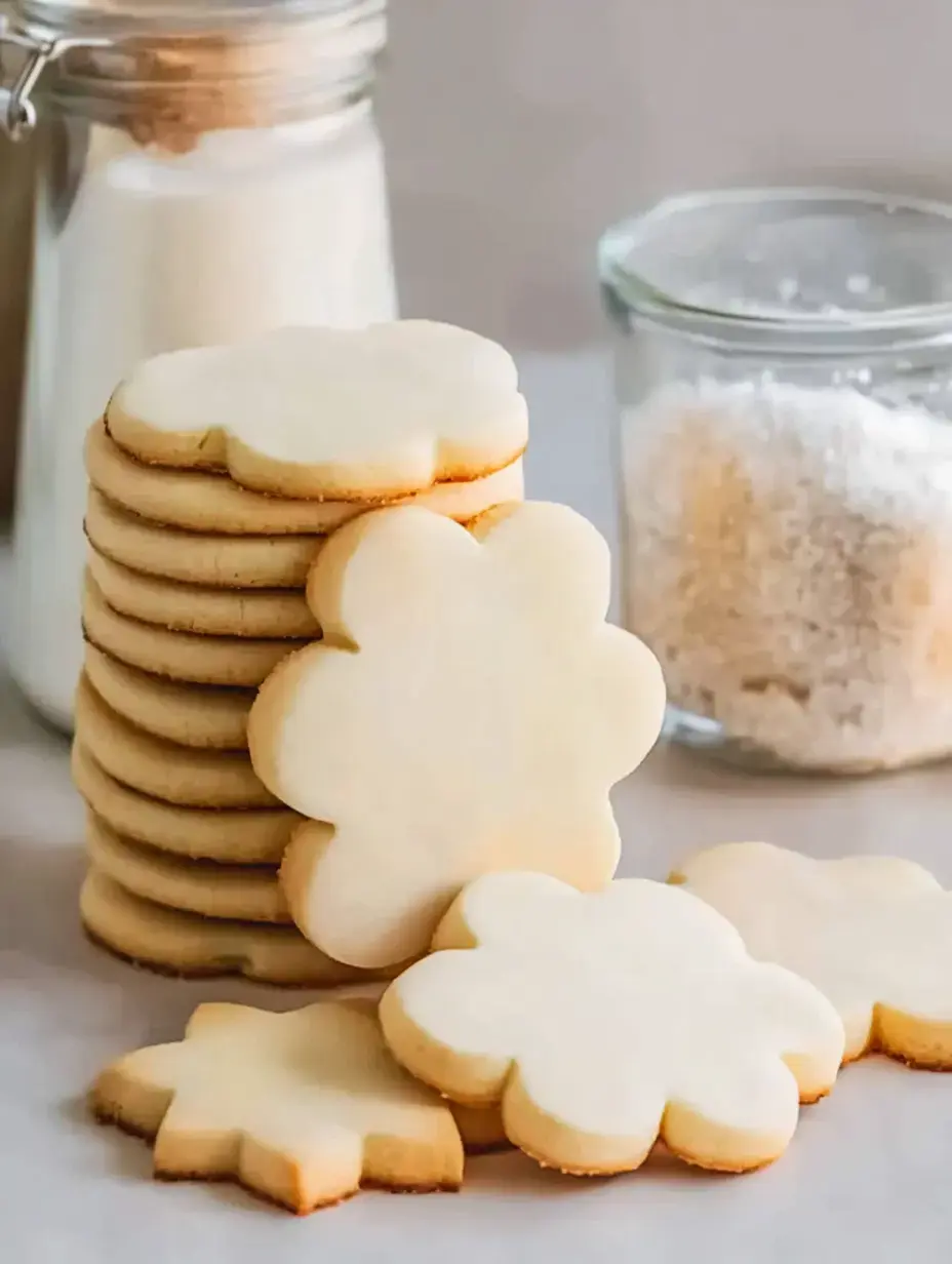 A stack of flower-shaped cookies is displayed alongside jars of sugar and powdered sugar.