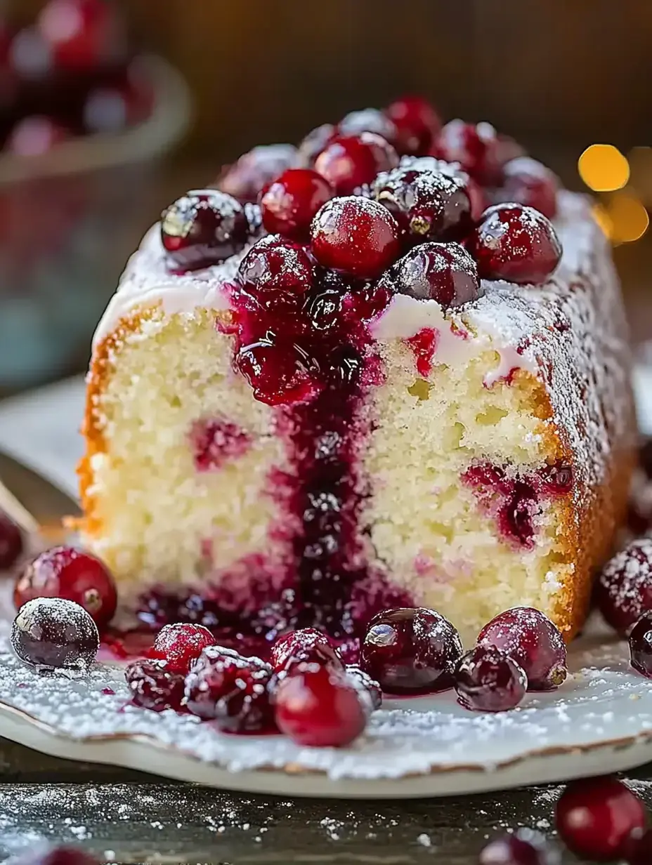 A sliced loaf cake topped with fresh cranberries and a glistening cranberry sauce, dusted with powdered sugar, sits on a plate.