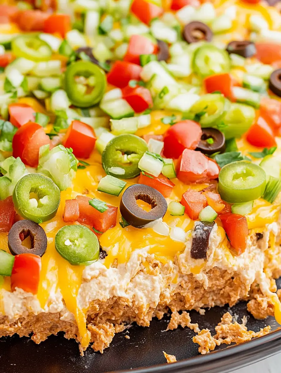 A close-up of a layered dip featuring cream cheese, shredded cheese, and a variety of fresh toppings including diced tomatoes, green onions, jalapeños, and olives.