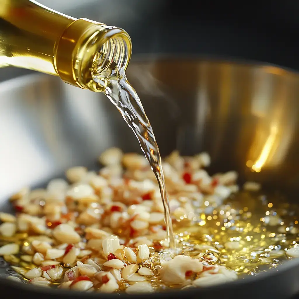 Oil is being poured over chopped garlic and red pepper flakes in a metallic bowl.