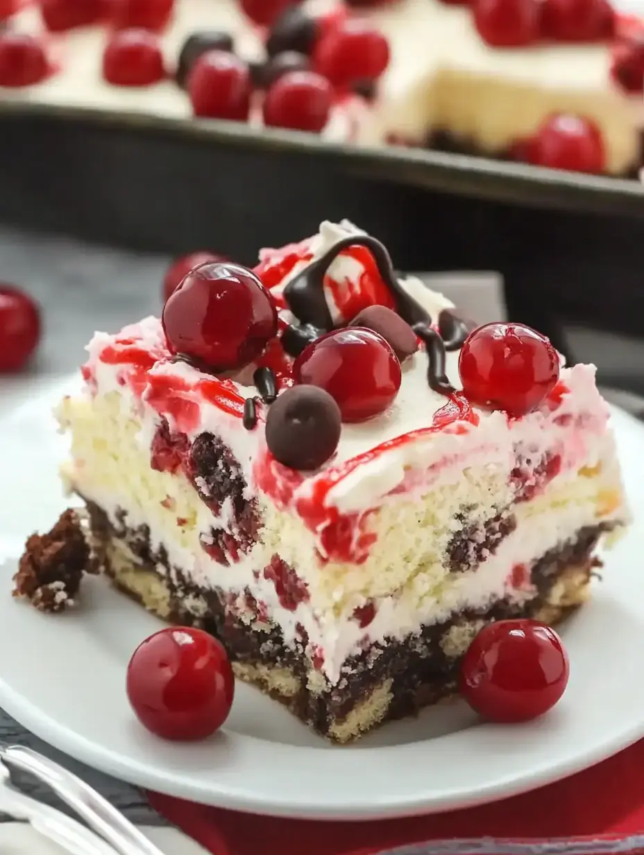 A slice of layered cherry cake topped with whipped cream, chocolate drizzle, and cherries, served on a white plate.