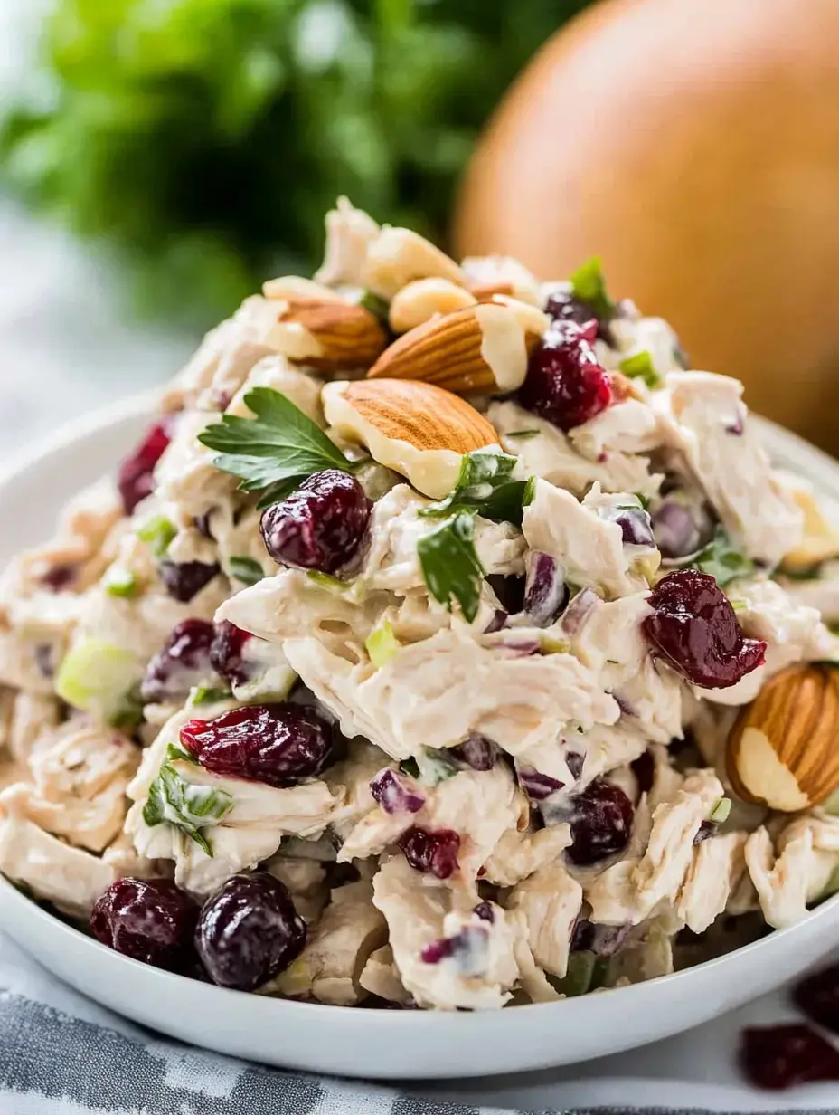 A close-up of a bowl of chicken salad mixed with cranberries, almonds, and herbs.