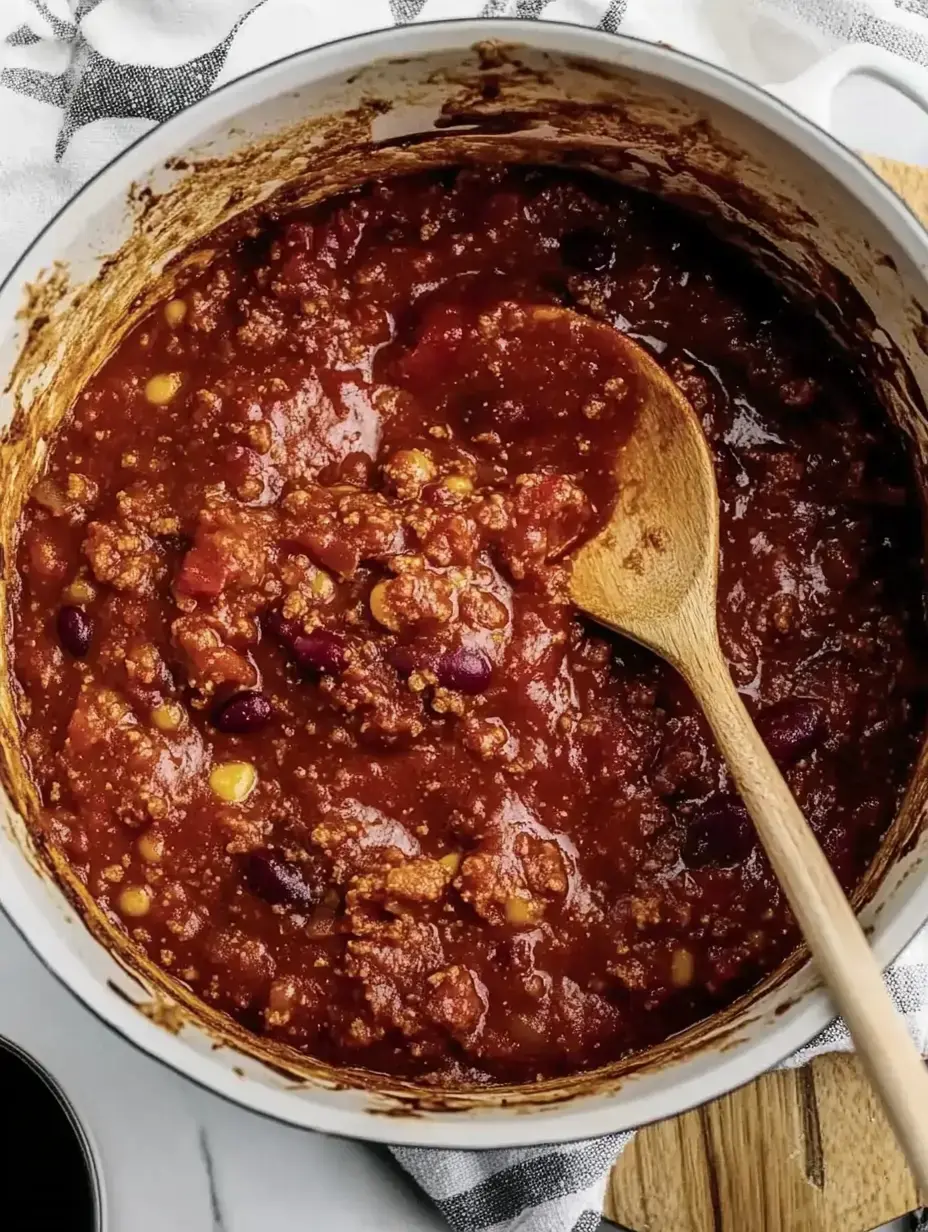 A pot filled with hearty chili, featuring beans, corn, and ground meat, accompanied by a wooden spoon.