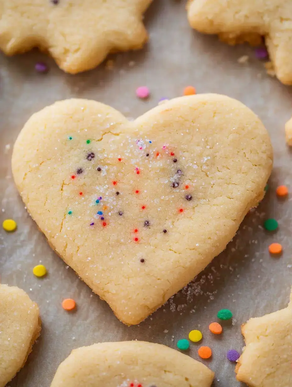 A close-up view of a heart-shaped cookie decorated with colorful sprinkles, surrounded by other cookies on parchment paper.