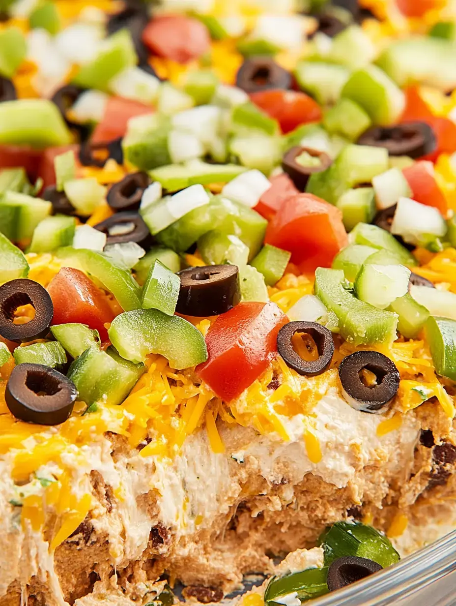 A close-up view of a layered dip featuring cream cheese, shredded cheese, and a colorful topping of chopped tomatoes, green peppers, onions, and black olives.