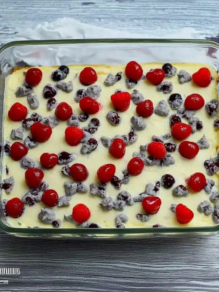 A glass dish filled with a creamy dessert topped with red cherries and scattered chocolate bits.