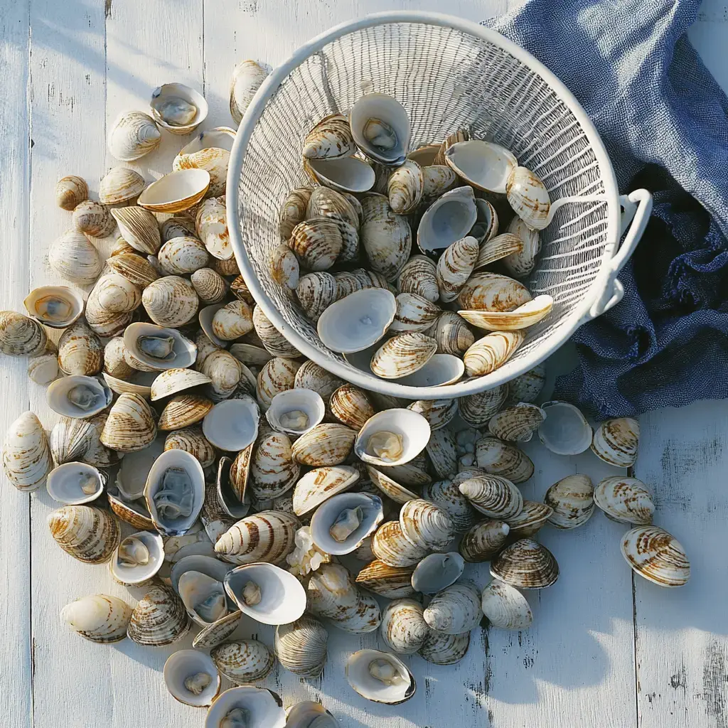 A white colander overflowing with various seashells sits beside a pile of additional shells on a wooden surface.