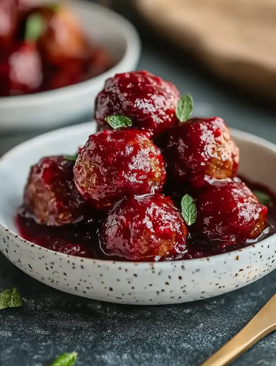 A bowl of meatballs coated in a glossy red sauce, garnished with mint leaves.