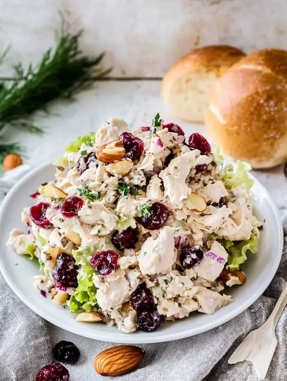 A bowl of chicken salad with cranberries, almonds, and lettuce, accompanied by two rolls in the background.