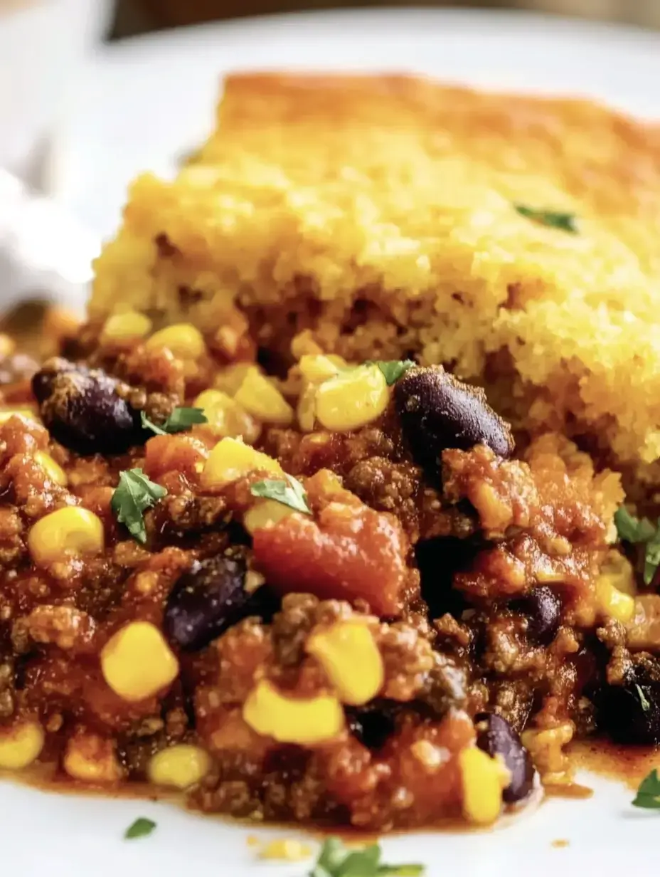 A plate of chili topped with corn, black beans, and diced tomatoes is served alongside a slice of golden cornbread.