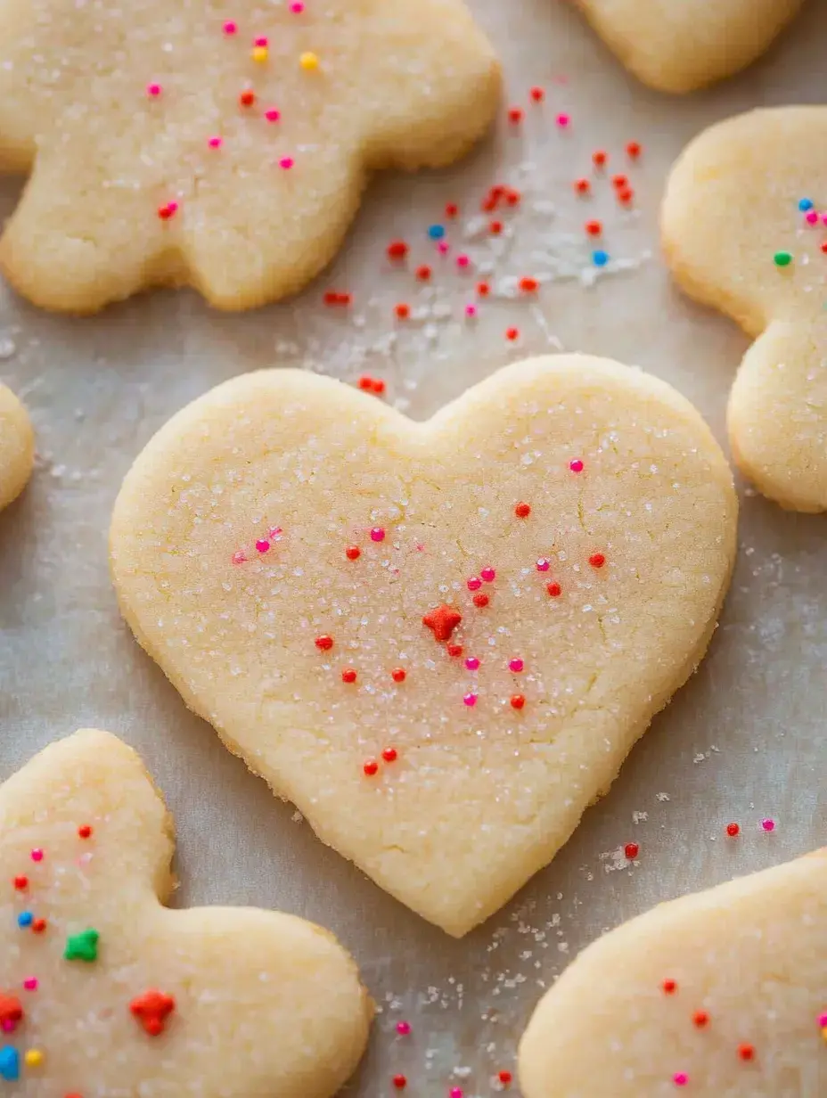 A close-up of decorated sugar cookies in various shapes, including a heart, with colorful sprinkles on top.