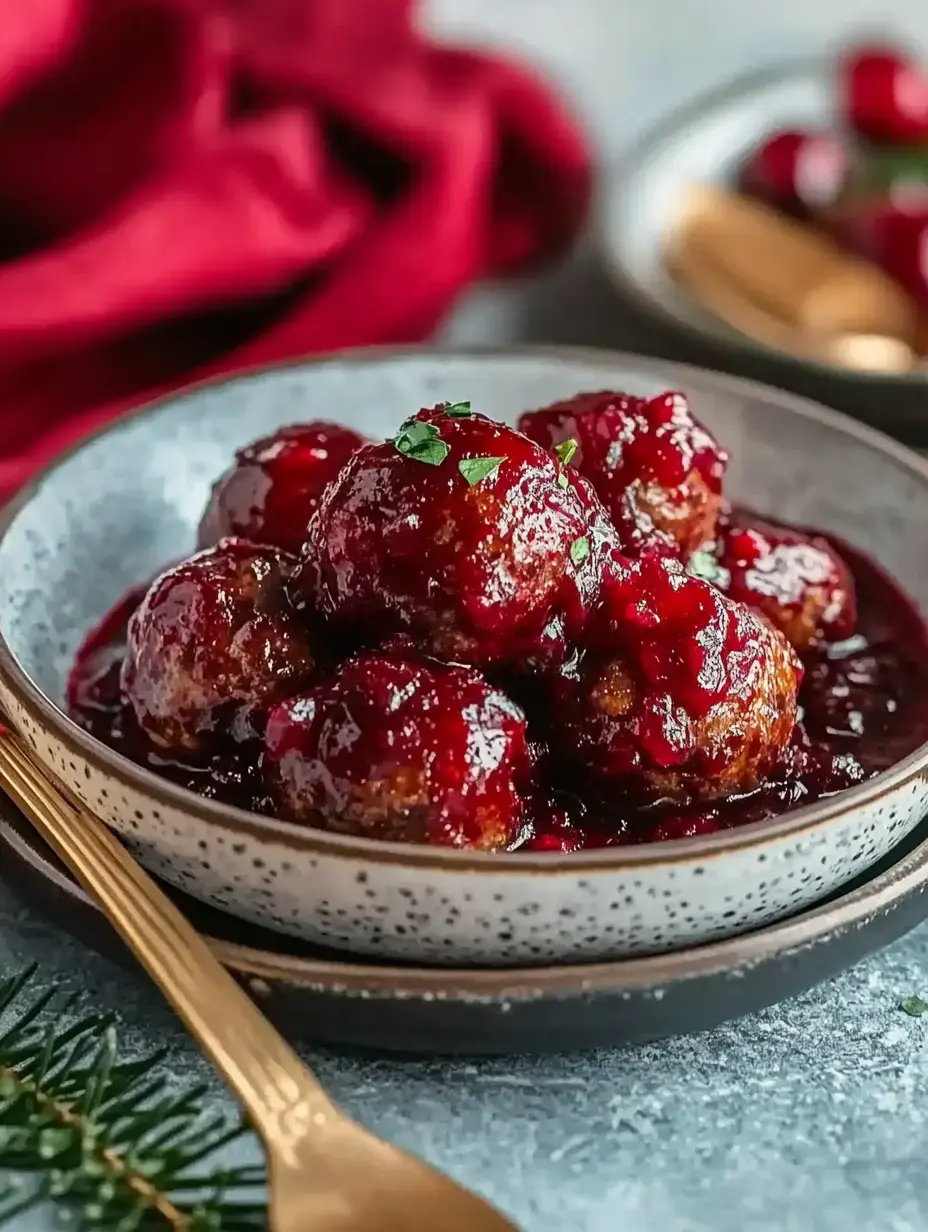 A close-up of meatballs coated in a glossy cranberry sauce, garnished with fresh herbs, served in a speckled bowl.