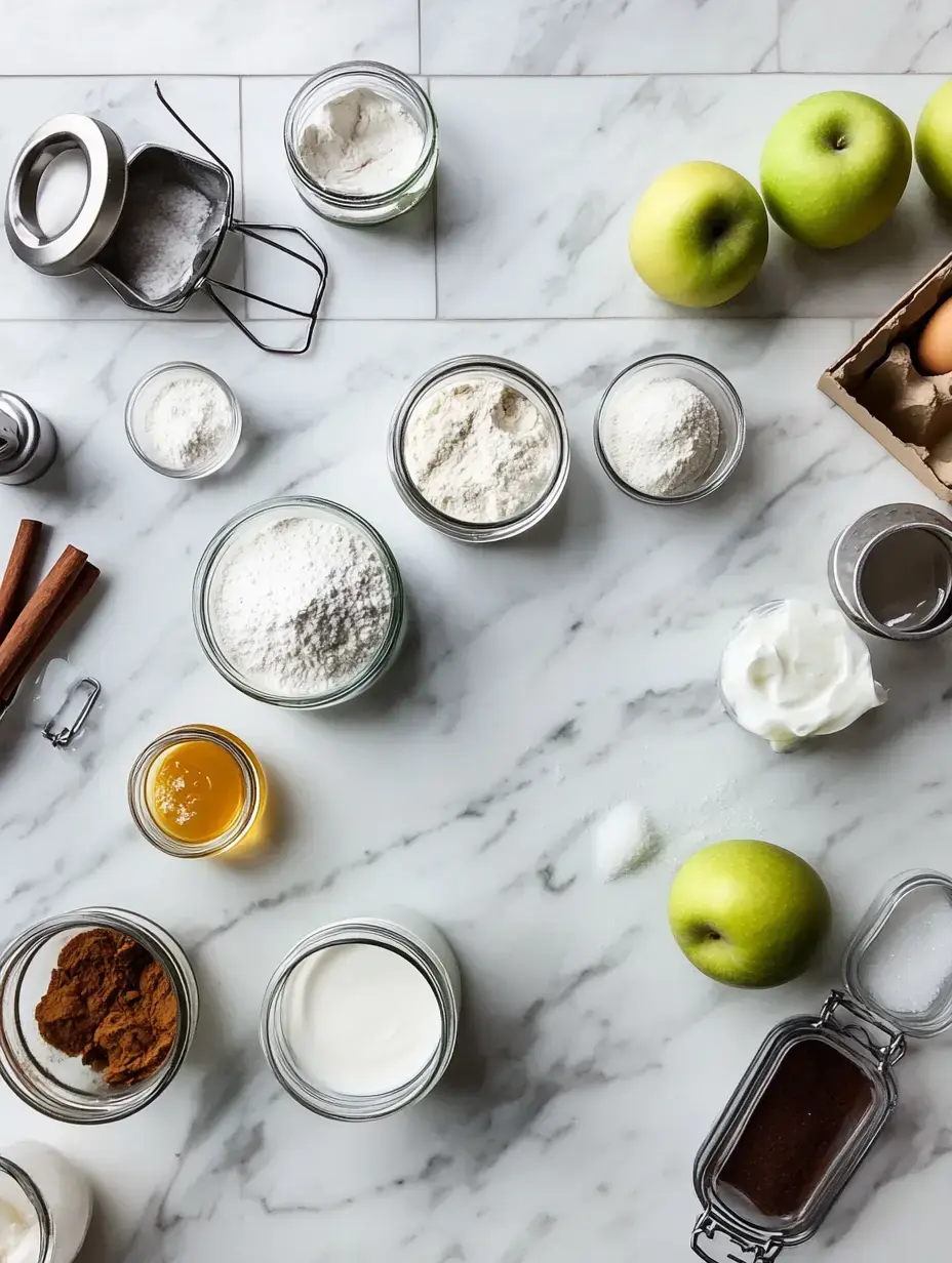 A variety of baking ingredients, including flour, sugar, apples, and spices, are arranged on a marble countertop.