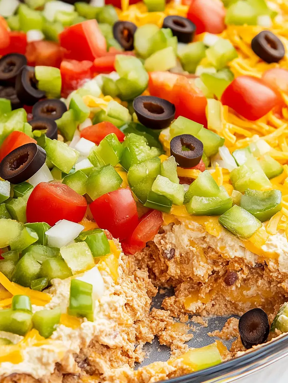 A layered dip featuring ground meat, cream cheese, and various toppings including diced tomatoes, green peppers, black olives, and shredded cheese.