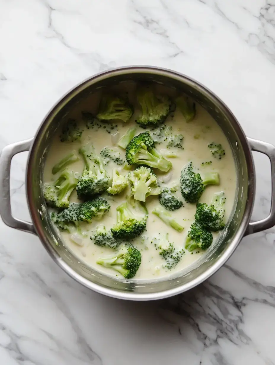 A pot filled with freshly cooked broccoli in a creamy sauce sits on a marble surface.