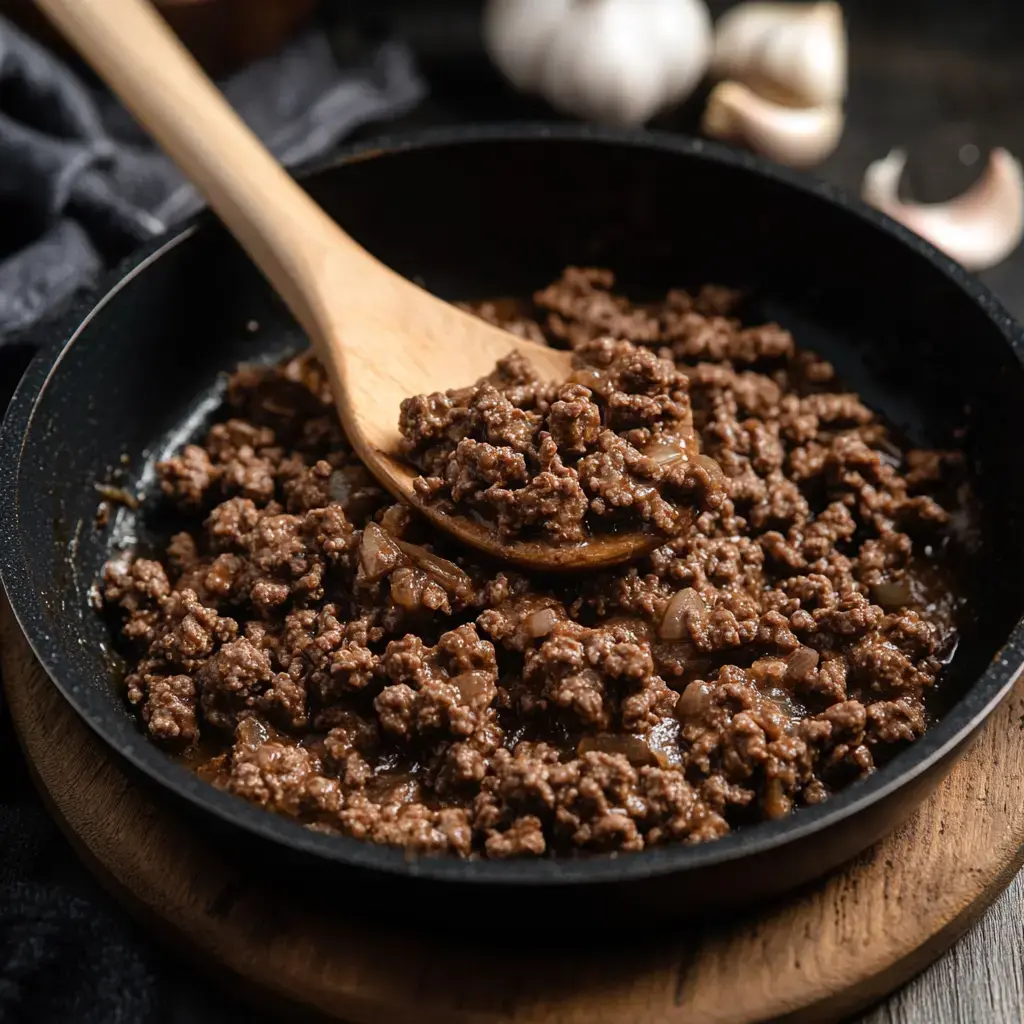 A skillet with cooked ground beef and chopped onions, accompanied by a wooden spoon, set on a wooden surface with garlic in the background.