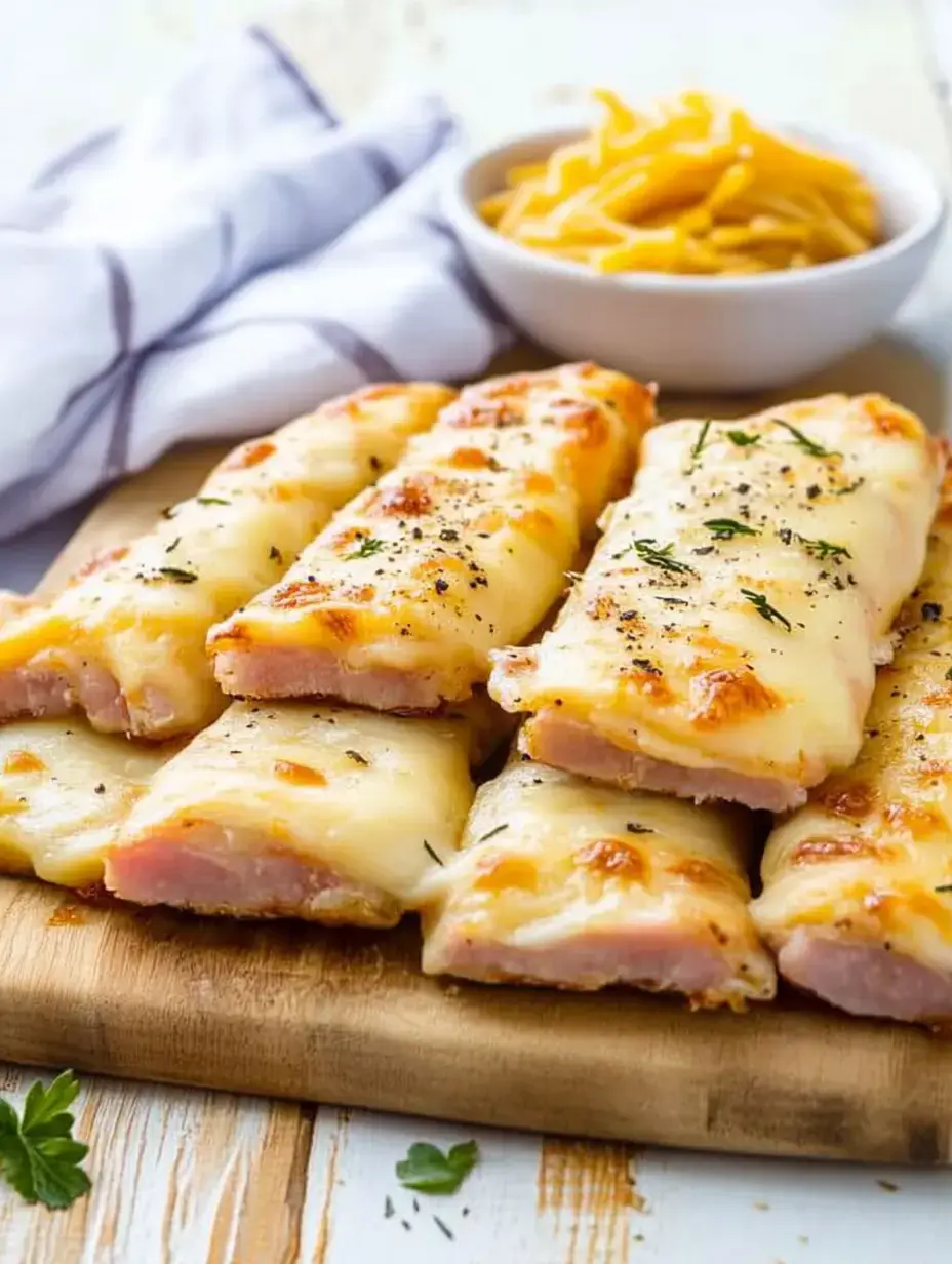 A wooden cutting board holds several slices of melted cheese-covered meat, accompanied by a small bowl of pasta.