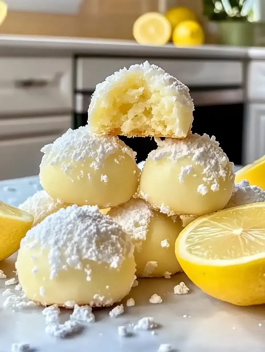 A stack of lemon-flavored cookies dusted with powdered sugar, with one cookie partially bitten, surrounded by fresh lemon slices.