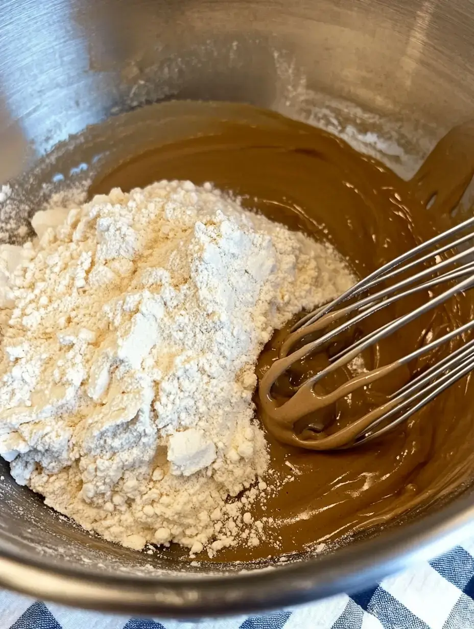 A mixing bowl contains a mixture of flour and a brown batter, with a whisk resting inside.