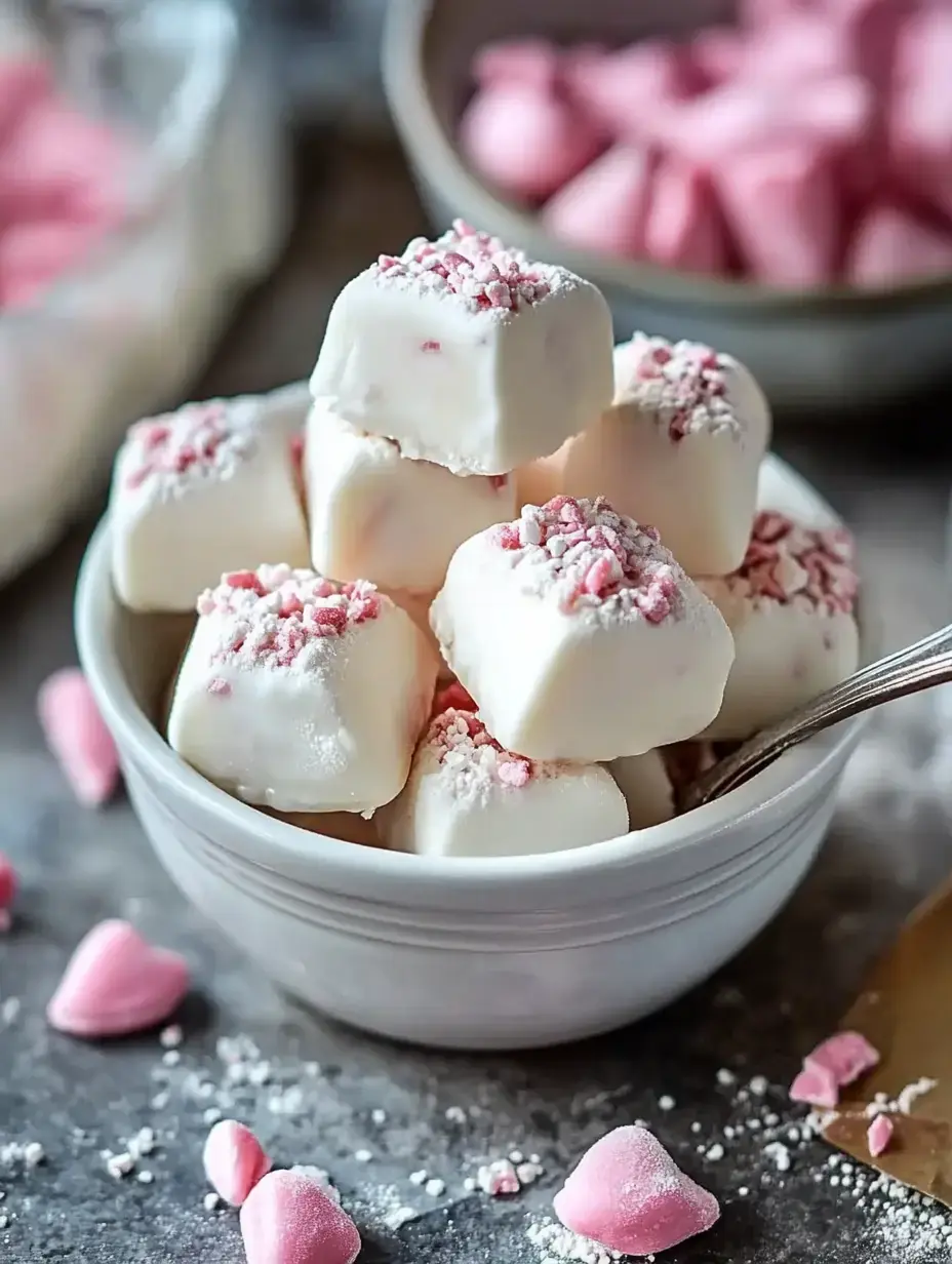 A small bowl filled with white chocolate squares topped with crushed pink peppermint, surrounded by scattered pink heart-shaped candies.