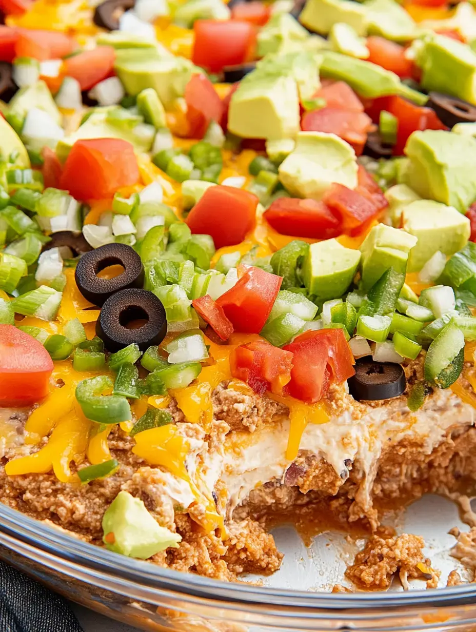 A close-up of a layered dip featuring seasoned beans, cream cheese, and topped with diced tomatoes, green onions, black olives, and avocado.