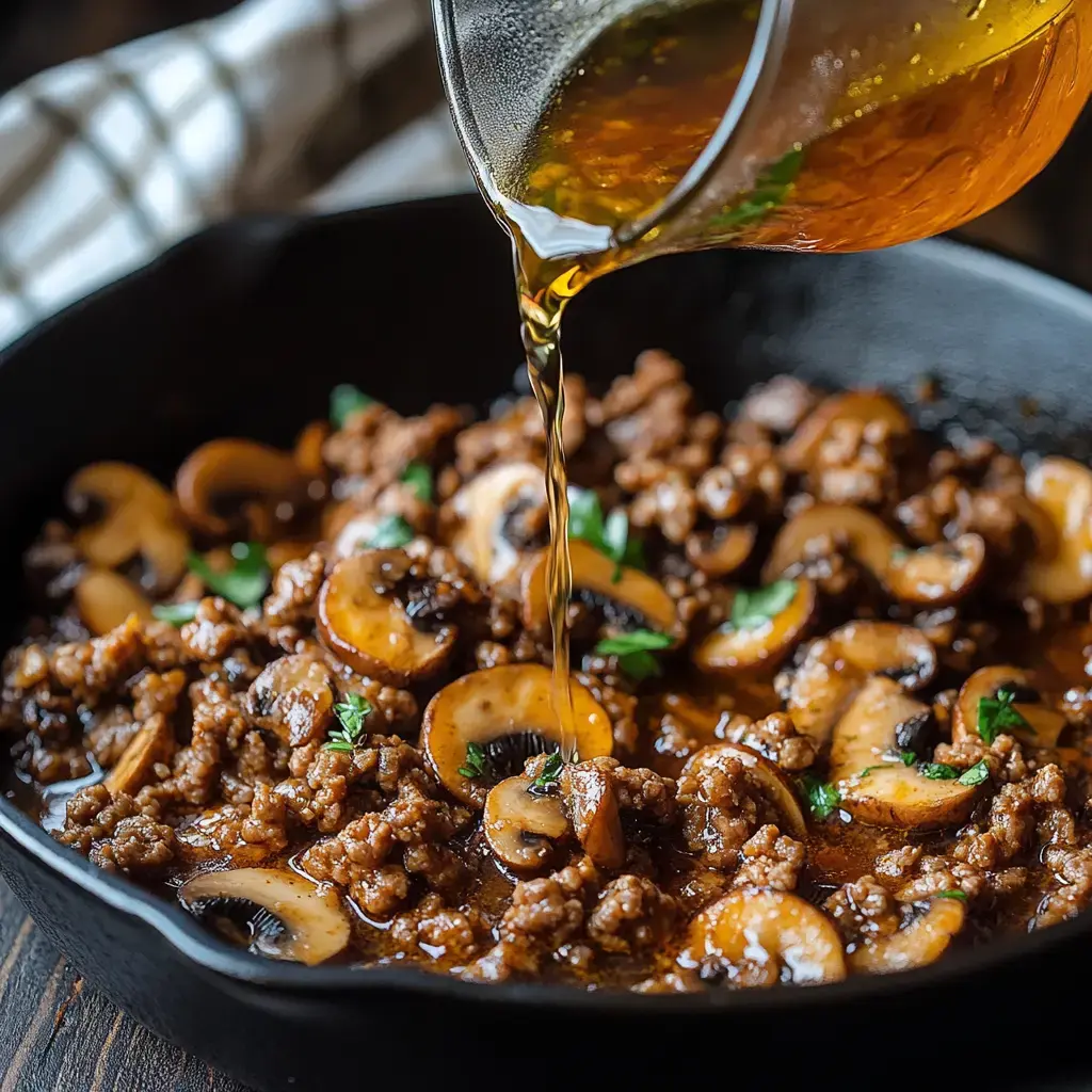 A close-up view of a cast-iron skillet filled with cooked ground meat and sliced mushrooms, with a rich sauce being poured over the dish.