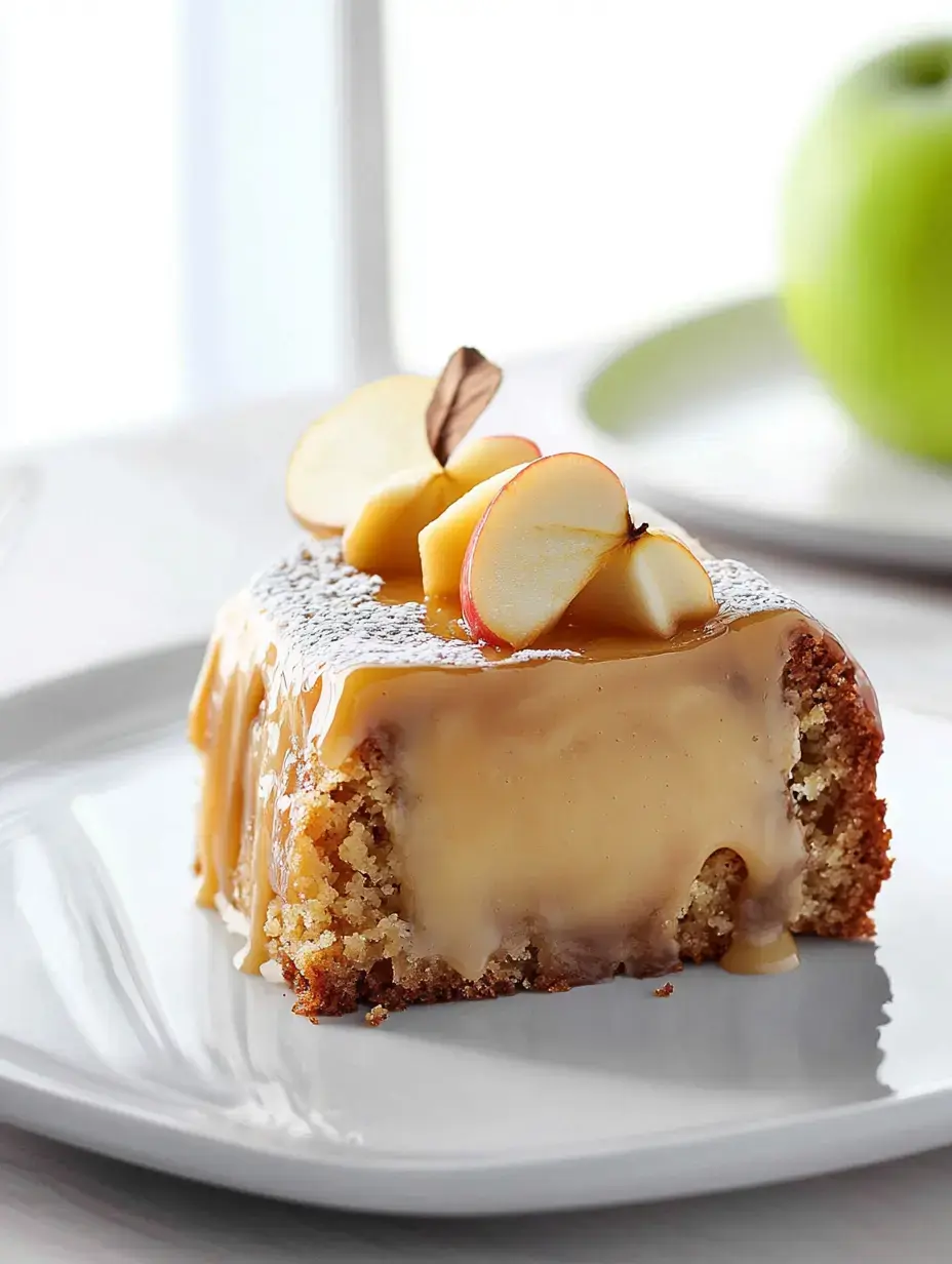 A slice of moist cake topped with caramel sauce and fresh apple slices on a white plate.